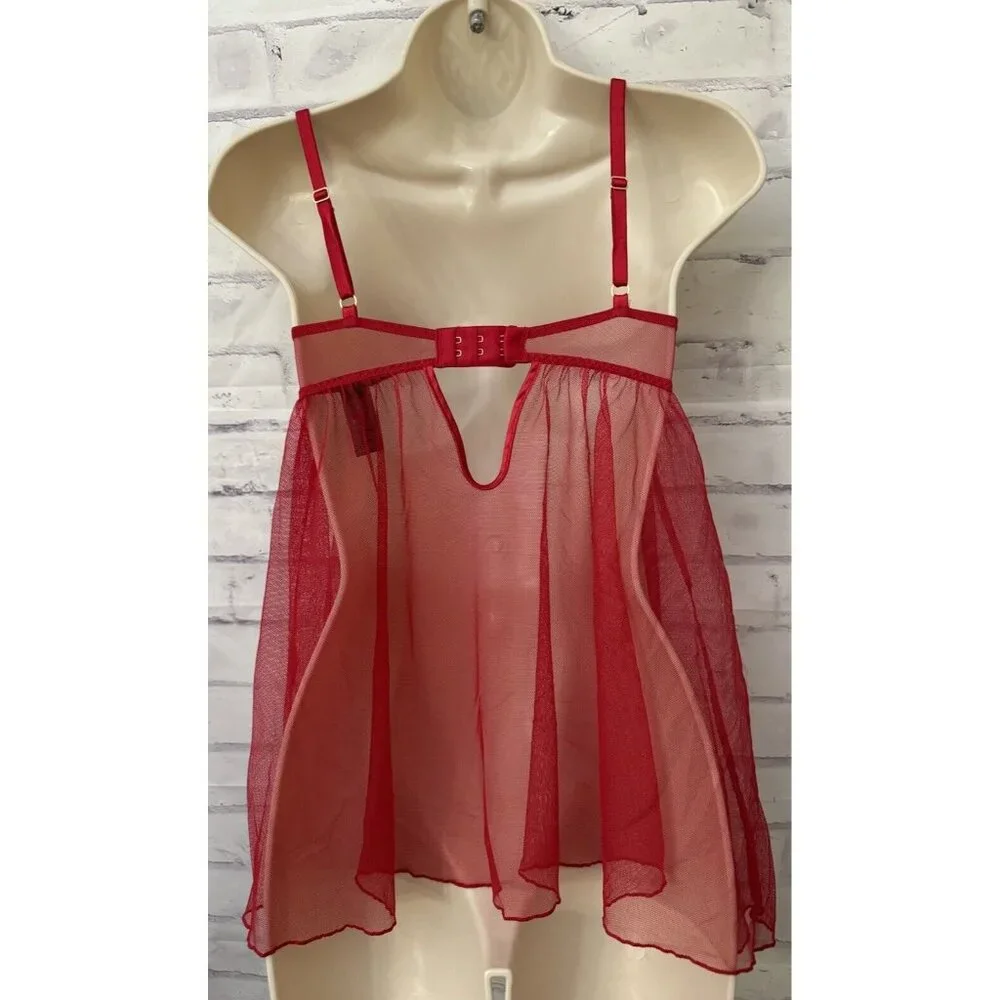 Victoria’s Secret Size 32C Red Push Up Babydoll‎ Chiffon Lace Neglige